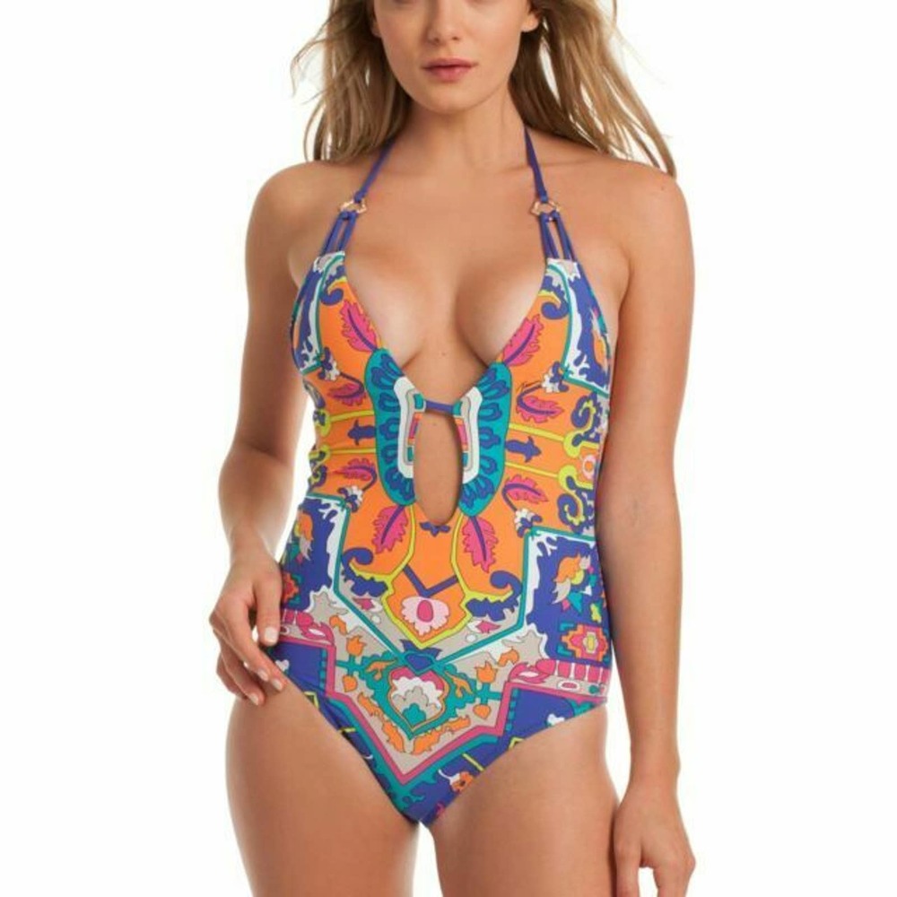 Trina Turk Womens Tapestry Plunge One Piece Swimsuit Multicolor Blue Floral 6
